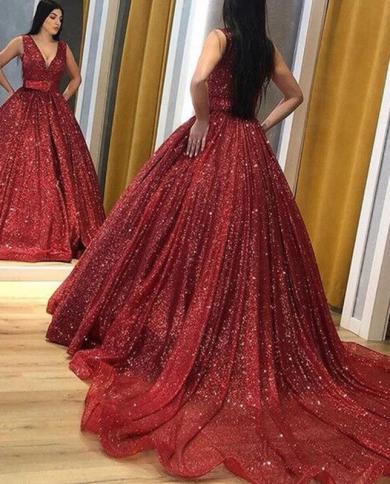 מדהים צוואר V יין אדום שמלת נשף שמלות נשף 2023 נצנצים נצנצים בלינג ללא שרוולים שמלות ערב רכבת מגרש נשים e