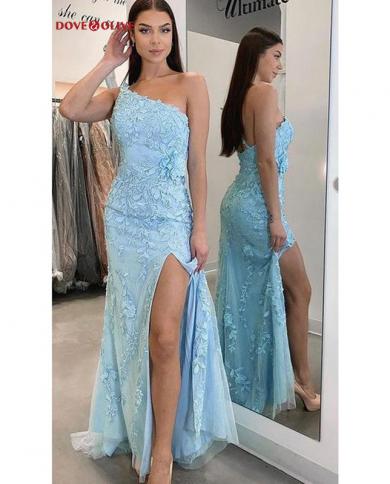 שמלות נשף כחולות כתף אחת תחרה אפליקציית בתולת ים שסע קדמי ארוך אלגנטי ערב שמלות מסיבה רשמיים נשים לובשות נשף ד