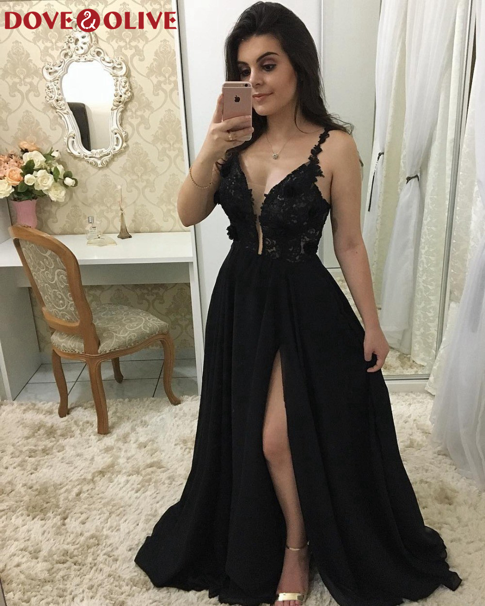 High Split V Neck Long Prom Dresses Elegant Appliques Spaghetti Straps  Vestidos De Fiesta Formal Party Evening Gownspr Color Black US Size 2