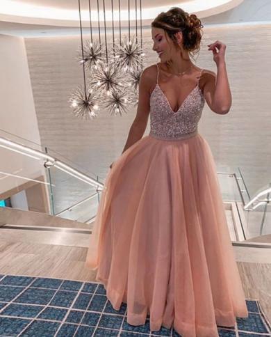 Pink Vneck Long Aline Prom Dresses 2023 Spaghetti Straps Sequined Formal  Party Sleeveless Evening Gowns Vestido De Gala Color gray US Size 10