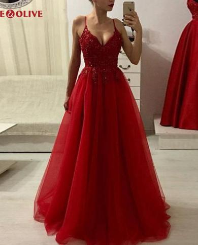 אדום קו שמלות נשף אפליקציות V צווארון נצנצים רצועות ספגטי מסיבה רשמית נשים שמלות ערב vestidos de galap