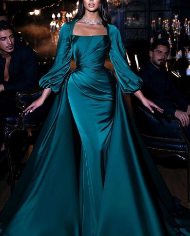טורקיז כחול שמלת נשף 2023 בתולת ים כובע ארוך שרוולים ארוכים צווארון סירה אלסטי סאטן שמלת ערב מסיבת נשים