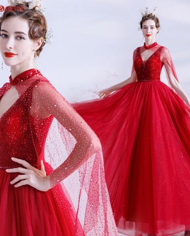 שמלות נשף אדומות קריסטל חרוזים עם שכמייה קו באורך רצפת V צווארון ספגטי רצועת ערב שמלות ערב מסיבה רשמית נשים sp