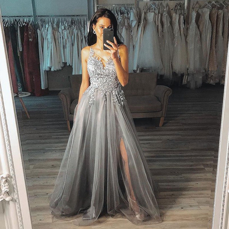 Gray long hot sale prom dresses