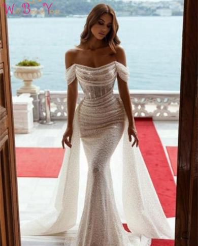 שנהב בלינג נוצץ שמלת נשף 2023 קפלי כתף אשליה בתולת ים שמלות ערב חגיגית מסיבה רשמית נשים