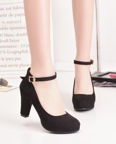 Spring Women Pumps Flock Sweet Thick High Heels Ankle Strap Female