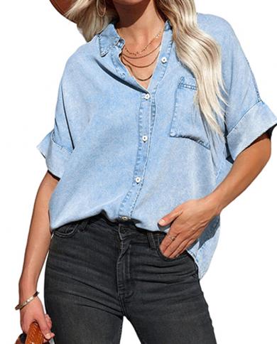 חולצת אישה 2023 טרנד כיסי וינטג מורידים צווארון קזואל חולצות גינס קיץ נשים חולצות גינס