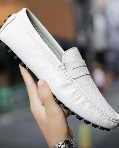 Genuine Leather Men Casual Shoes Fashion Mens Loafers Moccasins Slipon Men's  Shoes Breathable Adult Men Sneakers Big Siz Color White Shoe Size 15