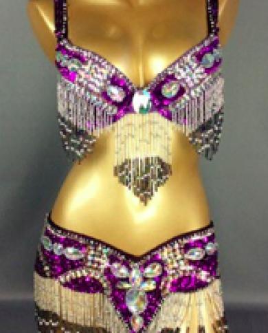 Female Beaded Sequins Belly Dance Costume Wear Bra Belt 2pc Set Showgirl  Ladies Bellydancing Costumes Bellydance Clothes Color Purple size Bra44D  Belt105cm