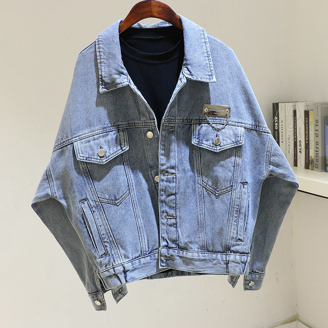 Spring Autumn Vintage Blue Frayed Denim Jacket Women Loose Short