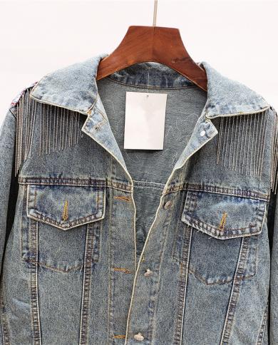 Light Blue Jeans Jacket for Women Chain Denim Womens Coat Oversize