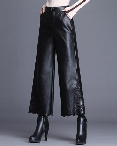 Pu Leather Pants Women High Waist Loose Wide Leg Trouserspants Capris size  XXXL Color Black