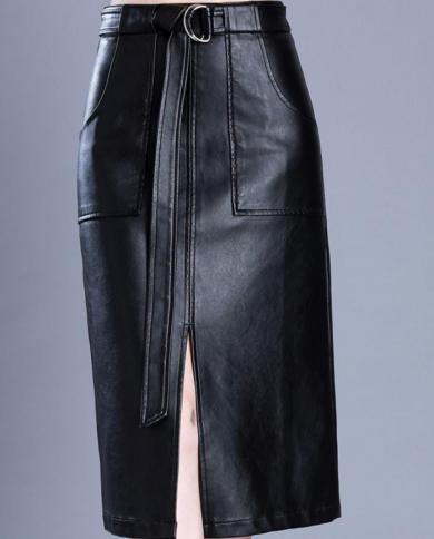 Women Pu Leather Skirt Plus Size 5xl Autumn Casual Office Work Split High Waist Long Skirt Skirts size L Color Black