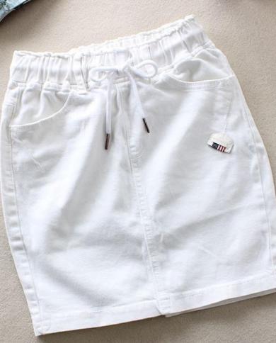 קיץ לבן אלסטי חצאית גינס גבוהה מותן נשים חבילה דקה חצאיות חצאיות מיני גינס הירך