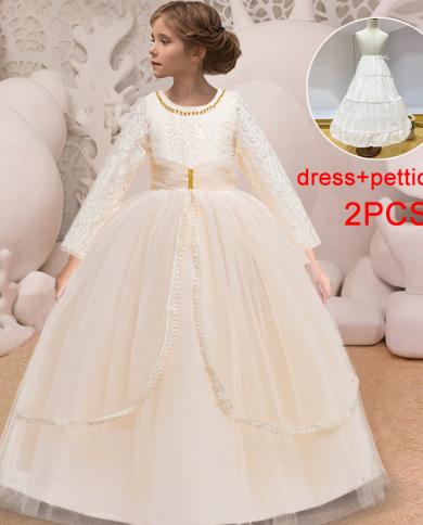 2023 Winter Kids Party Dress For Girls Children Costume Lace Prom Princess  Dresses Vestido Long Sleeve