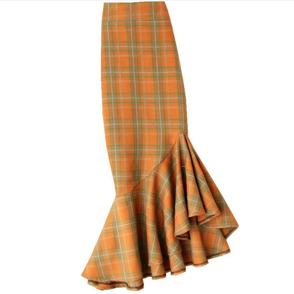 Vintage Plaid Mermaid Skirt Women High Waist Spring Autumn Package