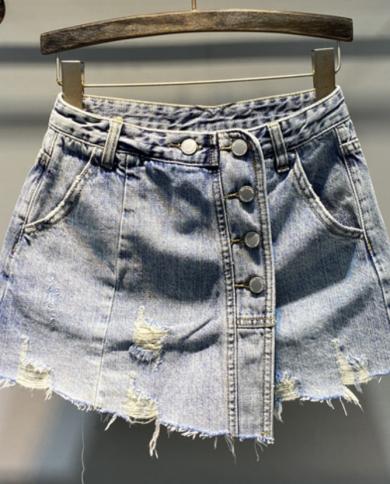 חצאית גינס עם חזה חד מותן גבוה נשים קיץ מזויף חצאיות חצאיות מיני גינס עם שני אלין גבוה מותן