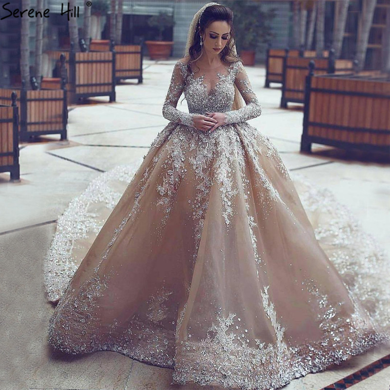 Dubai Champagne Long Sleeves Luxury Wedding Dresses Handmade