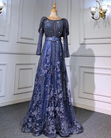 דובאי כחול מוסלמי תחרה חרוזים שמלות שמלות ערב 2023 אלין יוקרה שרוולים ארוכים לנשים מסיבת la71628 שמלות ערב