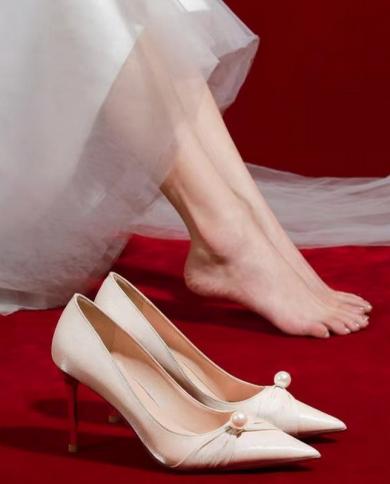 נשים חתונה פנינה קישוט חרוזים מחודדים עקב דק משאבות לבן מוצק שמלה רדודה נעלי מסיבה להחליק אופנה 2