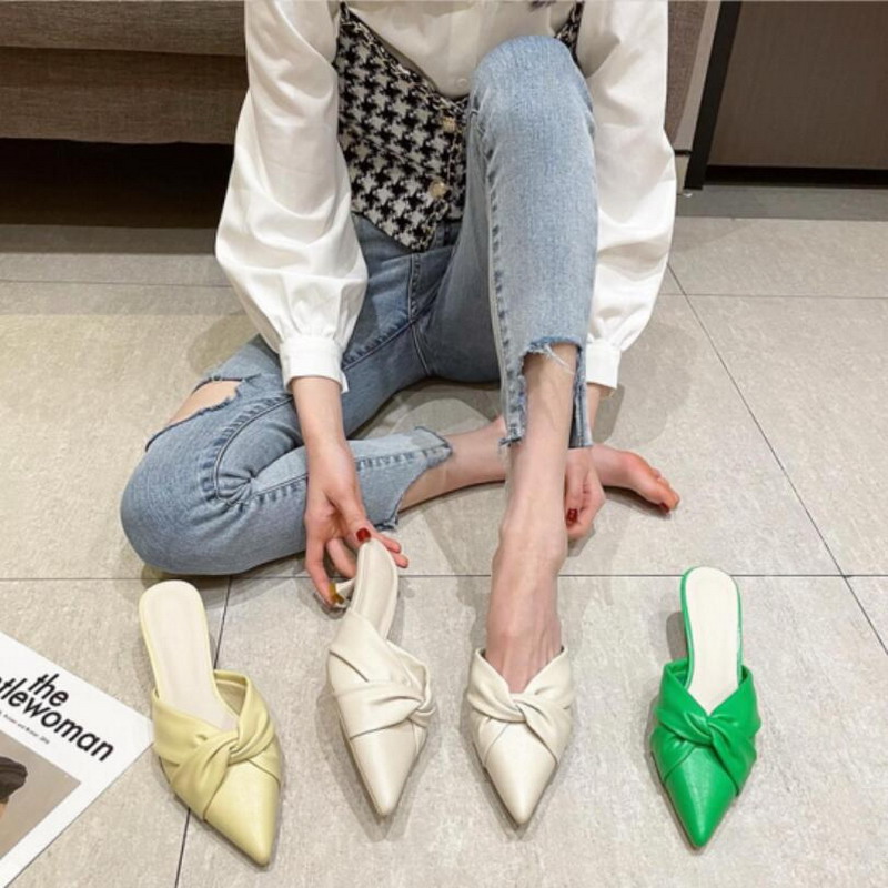 Green Mules Shoes Women High Heels Slippers 2023 Summer Pointed Toe Slides  Ladies Pleated Design Heels Mules Party Slip Color Green Shoe Size 39