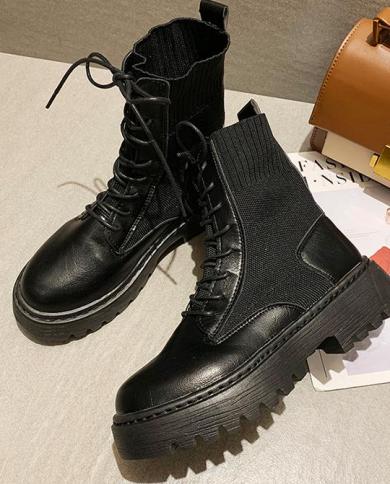 מגפי קרסול לנשים מגפי אופנוע סתיו עקב עבה platfoankle brm נעלי אישה להחליק על אצבע עגולה מגפי אופנה w