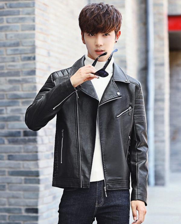 Autumn Men Pu Leather Jacket For Men Casual Slim Fashion Male Suede Jacket  Casual Coat Male Business Zipper Pu Leather C size XXS Color Black