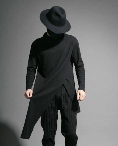 סוודר א-סימטרי עם צוואר גבוה לגברים בסגנון סתיו חליפת מועדון לילה אישית באורך בינוני מעיל חולצת מדרסים קפוצונים