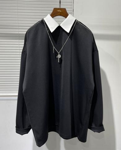 סוודר רופף רוכסן מזויף שני חלקים לגברים אביב מגמת אופנה חדשה צבע אחיד סוודר חולצה קזואל צדדי