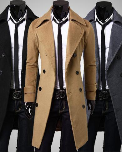 הגעה חדשה לגברים גברים חורף תערובת צמר חמה מעיל טרנץ מעיל אופנה כפול חזה אופנה מעילים ארוכים בתוספת מידה 4xl