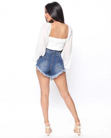 גינס קיץ בגדי נשים אופנה לא סדירים מותניים גבוהים בגזרת גזרה בגזרת גינס עם גדילים מכנסיים קצרים מכנסיים מותניים גבוהים