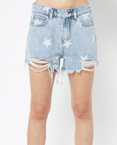מכנסי גינס קצרים גינס קיץ קרועים כוכבים גדילים רפויים תיק ירכיים מכנסיים גינס קצרים מכובסים בצבע בהיר לנשים