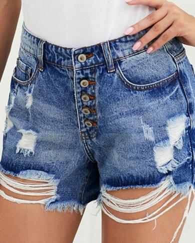 קיץ 2023 חדש לנשים בעיצוב חד חזה משופשף מכנסי גינס קצרים עם גזרה גולמית לנשים גבוה מותן דק מכובס גינס קרוע