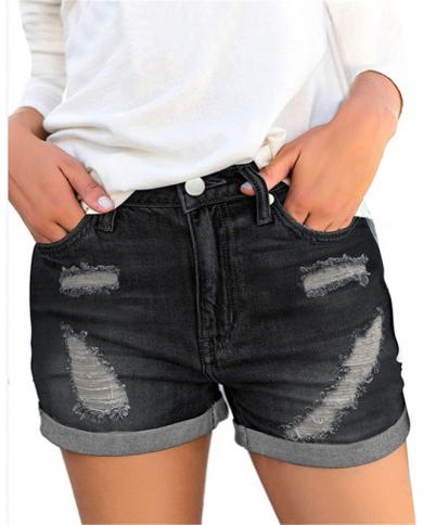 מכנסי גינס קצרים עם כפתורים סולידיים בקיץ קרעים מכנסי גינס קצרים אופנתיים אמצע מותניים כיסים מרופטים קצרים