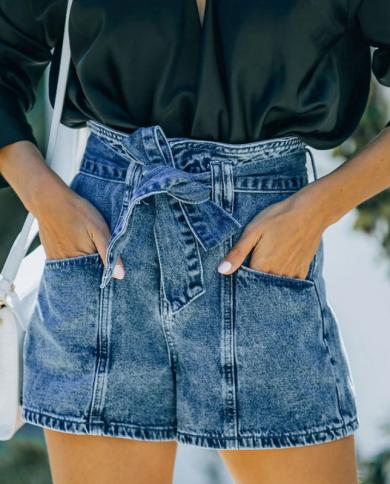 2023 קיץ חדש לנשים מכנסי גינס קצרים אופנה מכנסיים ישרים עם חגורה גינס גינס עם מותן גבוה לנשים