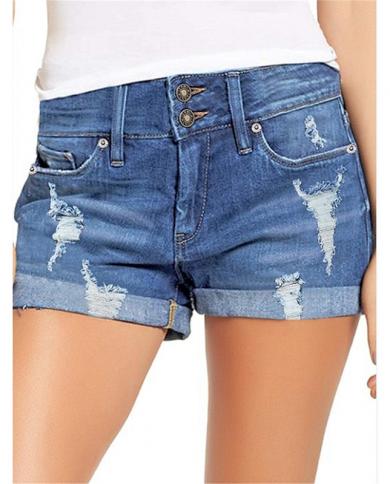 מכנסי גינס קצרים עם כפתורים כפולים לנשים מזדמנים דלים קצרים עם גינס קצרים קיץ מוצק אמצע מותן כחול קאובוי קצר Джин�