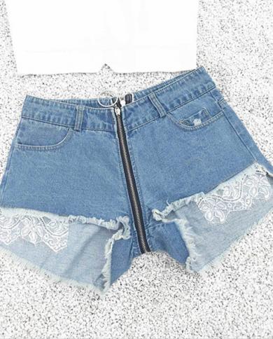 Lace Patchwork Women Summer Denim Shorts Nightclub Pole Dance Hot