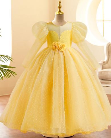 2023 קיץ שרוולים ארוכים שמלת מסיבה לילדים ילדות תחפושת תחרה נסיכת שמלות ילדה מסיבת ילדה שמלה צהובה לידה