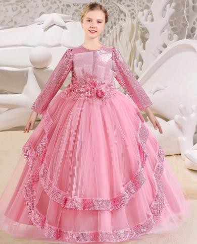 תחרות סתיו 2023 שרוולים ארוכים שמלת מסיבה לילדים ילדות תחפושת פאייטים שמלות נסיכה שמלת ילדה תחרה 414