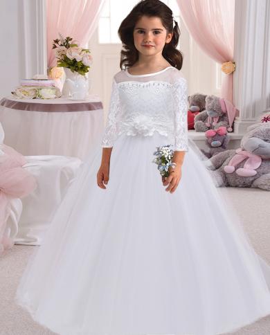 2023 קיץ שרוולים ארוכים לבנה שמלת שושבינה שמלות ילדים לילדות שמלת נסיכה תלבושות חתונה מסיבת ילדה14 10 12