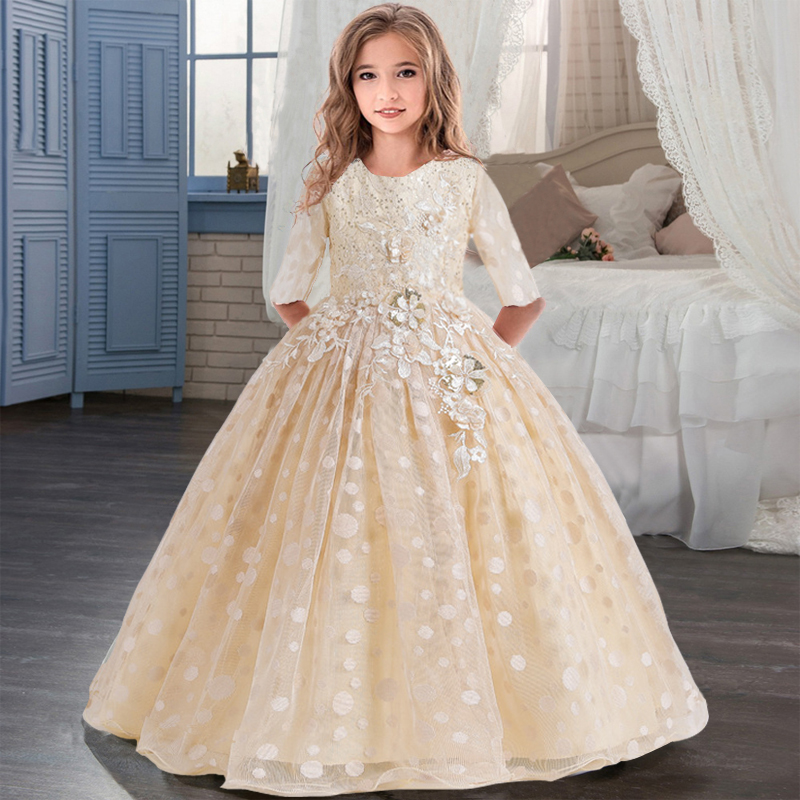 AAMILIFE Kids Princess Dress for Girls Flower Appliques Ball Gown Dress  Kids Clothes Elegant Party Wedding Costumes Children Clothing