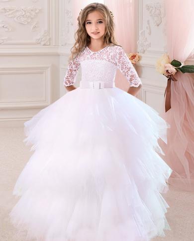 2023 שמלת שושבינה לבנה לילדים ילדות שמלת תחפושת שמלת נסיכה שרוולים ארוכים מסיבת ילדת פרח ווסטידו
