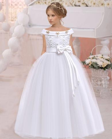 2023 קיץ לבן כתף אחת ארוכה שמלת שושבינה שמלת קשת ילדה שמלות ילדים לילדות ילדות מסיבת נסיכות חתונה