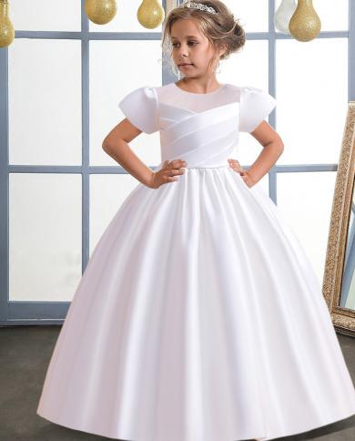 2023 שרוולים קצרים ילדים לבנה שמלת שושבינה לילדות ילדות תחפושת נסיכה שמלות ילדה מסיבת פורנו שמלת סאטן אנחנו