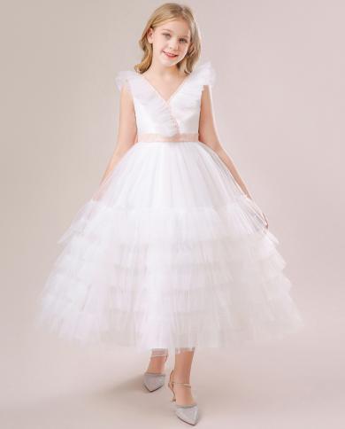 תחרות 2023 ילדים שמלת כלה לבנה לילדות ילדות תחפושת V צווארון נסיכה שמלות ילדה שמלת מסיבה תחרה יום הולדת