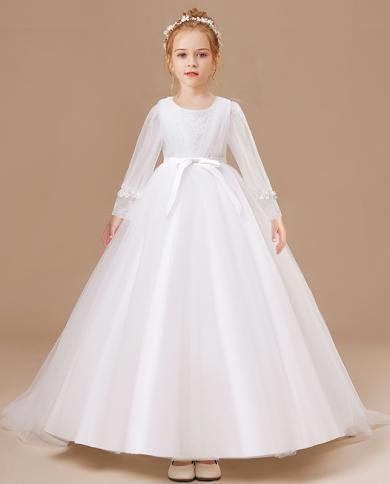2023 חורף שרוולים ארוכים ילדים שמלת שושבינה לבנה לילדות ילדות תחפושת שמלות נסיכה תחרה שמלת מסיבה לילדה pr