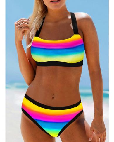 Rainbow Striped Swimsuits Push Up Bikini Female Swimwear Beach Wear Bikinis  Women's Swimming Bathing Suit Ropa Mujer size M Color B21091510B