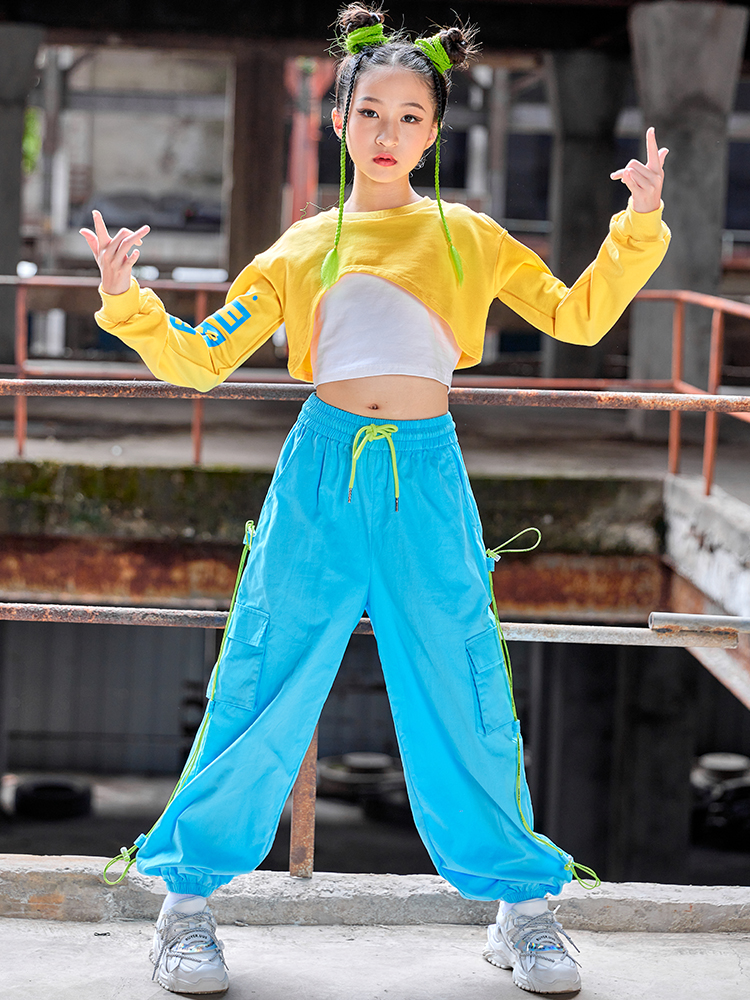 New Modern Jazz Dance Clothes Girls Navel Yellow Tops Blue Hip Hop Pants  Kids Street Dance Costume Fashion Hip Hop Suit size 130cm Color  Vest-Tops-Pants 3pcs