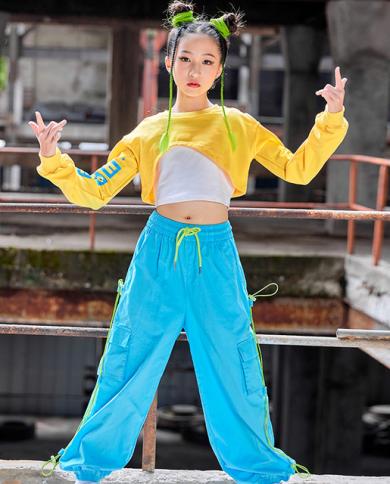 New Modern Jazz Dance Clothes Girls Navel Yellow Tops Blue Hip Hop Pants  Kids Street Dance Costume Fashion Hip Hop Suit size 130cm Color Vest-Tops- Pants 3pcs