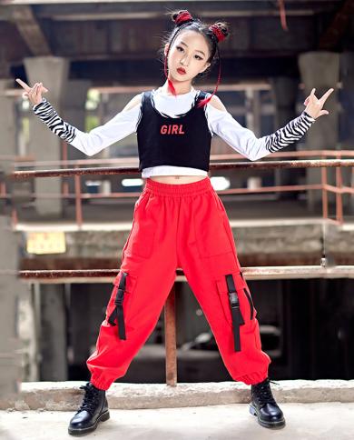 Hip Hop Girls Dance Clothes Fashion Tops Red Pants Children Jazz Show  Catwalk Street Dance Outfit Summer Hip Hop Costume size 130cm Color Tops